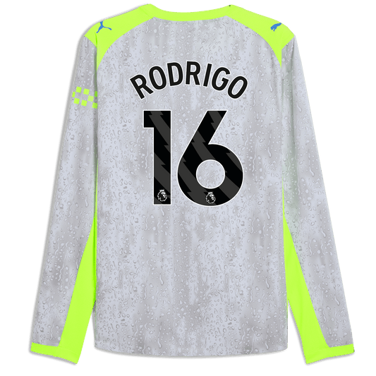 Manchester City Third Authentic Jersey 2025/26 Long Sleeve With RODRIGO 16 Printing - blue