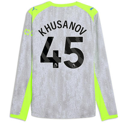 Manchester City Third Authentic Jersey 2025/26 Long Sleeve With KHUSANOV 45 Printing - blue