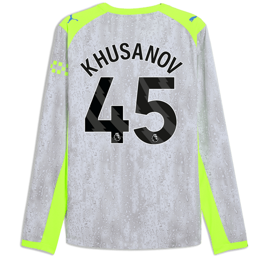 Manchester City Third Authentic Jersey 2025/26 Long Sleeve With KHUSANOV 45 Printing - blue