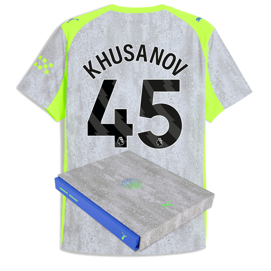 Manchester City Third Authentic Jersey 2025/26 With KHUSANOV 45 Printing in Gift Box - blue