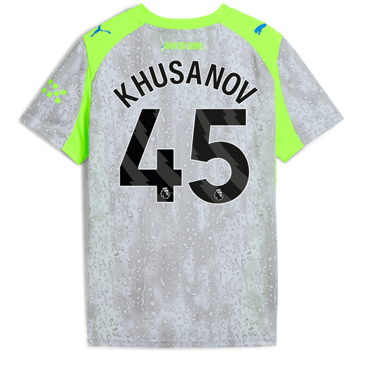 Kids' Manchester City Third Jersey 2025/26 With KHUSANOV 45 Printing - blue