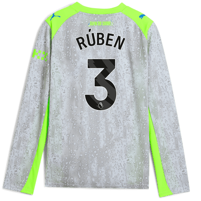 Kids' Manchester City Third Jersey 2025/26 Long Sleeve With RÚBEN 3 Printing - blue