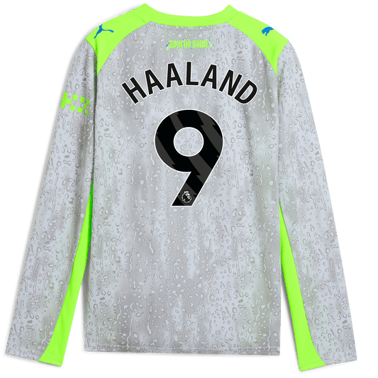 Kids' Manchester City Third Jersey 2025/26 Long Sleeve With HAALAND 9 Printing - blue