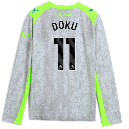 Kids' Manchester City Third Jersey 2025/26 Long Sleeve With DOKU 11 Printing - blue