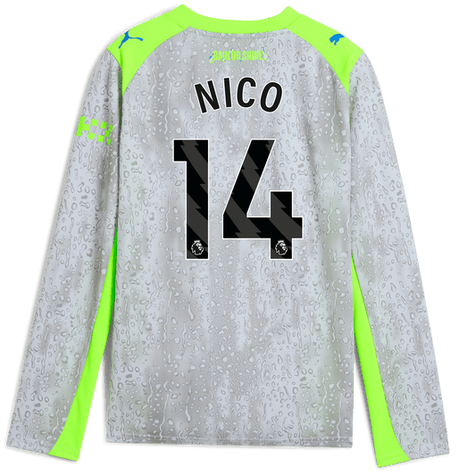Kids' Manchester City Third Jersey 2025/26 Long Sleeve With NICO 14 Printing - blue