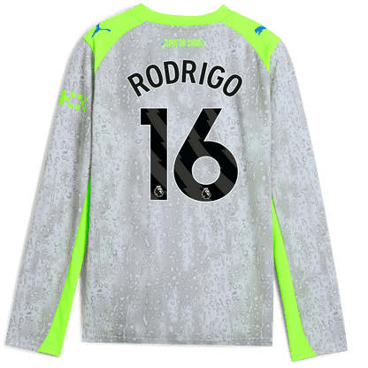 Kids' Manchester City Third Jersey 2025/26 Long Sleeve With RODRIGO 16 Printing - blue