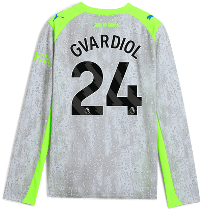 Kids' Manchester City Third Jersey 2025/26 Long Sleeve With GVARDIOL 24 Printing - blue