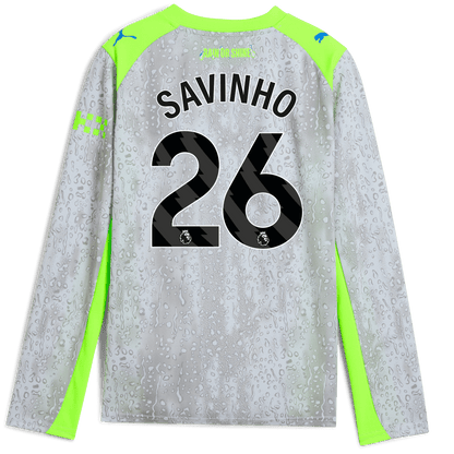 Kids' Manchester City Third Jersey 2025/26 Long Sleeve With SAVINHO 26 Printing - blue