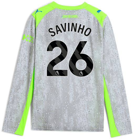Kids' Manchester City Third Jersey 2025/26 Long Sleeve With SAVINHO 26 Printing - blue