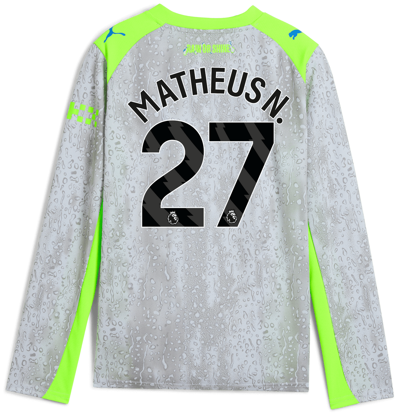 Kids' Manchester City Third Jersey 2025/26 Long Sleeve With MATHEUS N. 27 Printing - blue