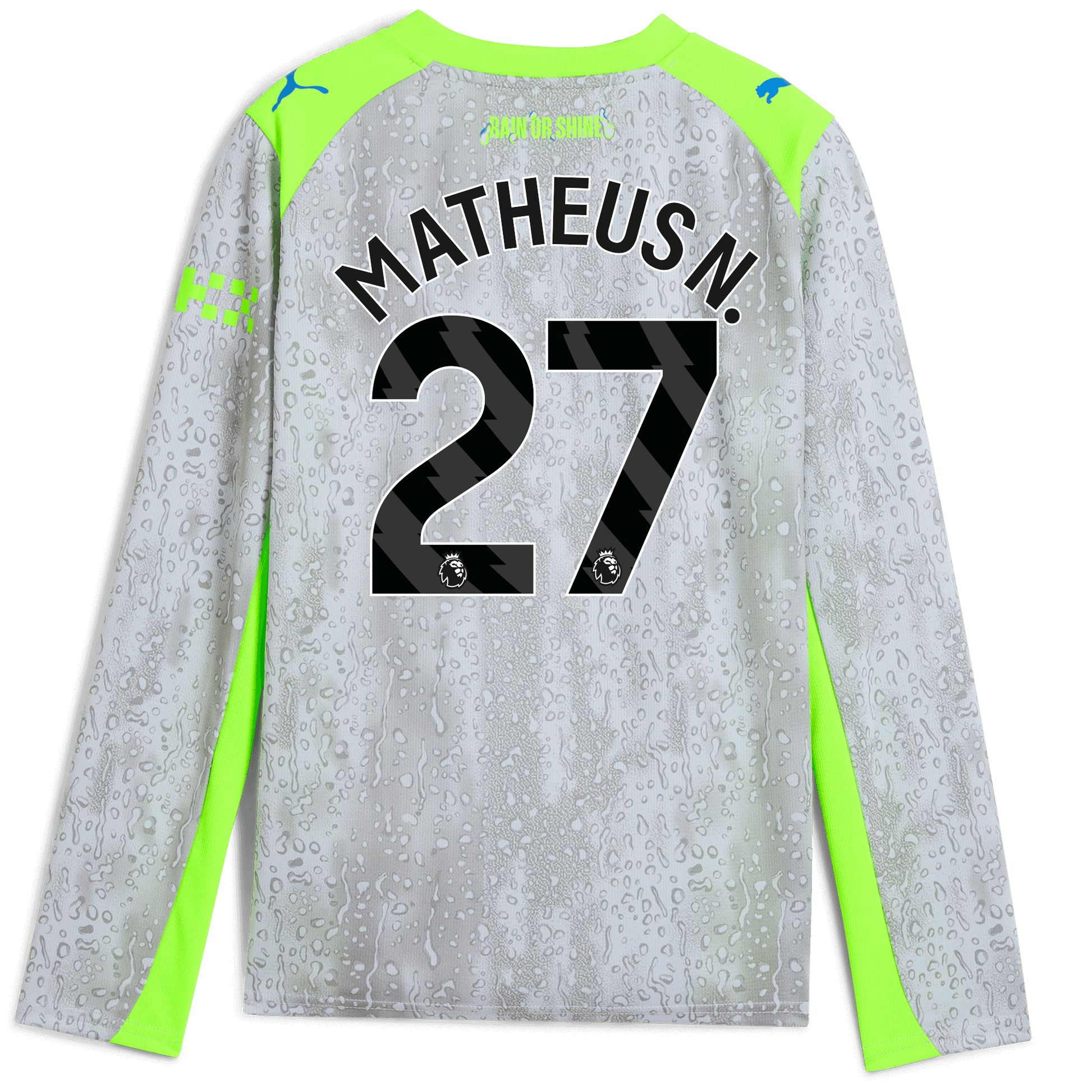 Kids' Manchester City Third Jersey 2025/26 Long Sleeve With MATHEUS N. 27 Printing - blue