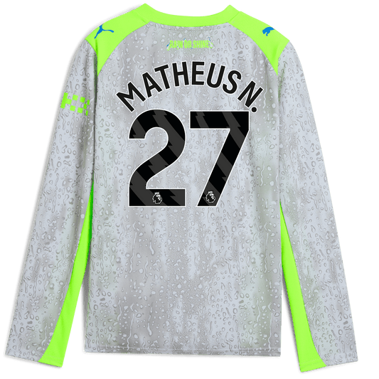 Kids' Manchester City Third Jersey 2025/26 Long Sleeve With MATHEUS N. 27 Printing - blue