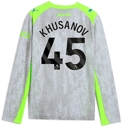 Kids' Manchester City Third Jersey 2025/26 Long Sleeve With KHUSANOV 45 Printing - blue