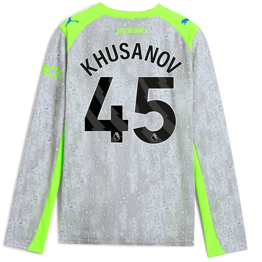 Kids' Manchester City Third Jersey 2025/26 Long Sleeve With KHUSANOV 45 Printing - blue