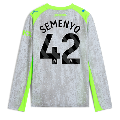 Kids' Manchester City Third Jersey 2025/26 Long Sleeve With SEMENYO 42 Printing - blue