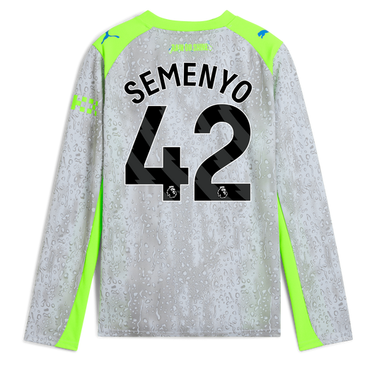 Kids' Manchester City Third Jersey 2025/26 Long Sleeve With SEMENYO 42 Printing - blue