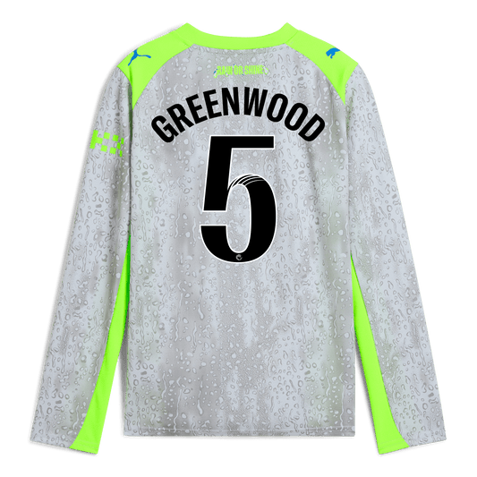 Kids' Manchester City Third Jersey 2025/26 Long Sleeve With GREENWOOD 5 Printing