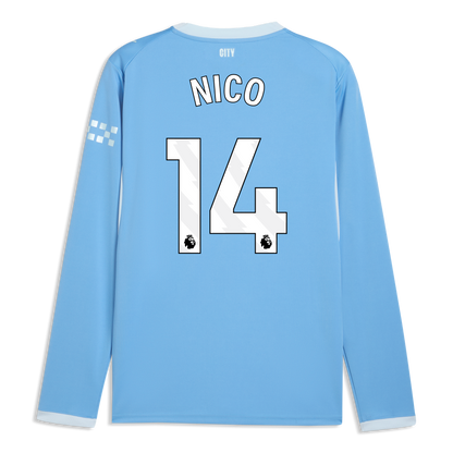 Manchester City Home Jersey 2026/27 Long Sleeve With NICO 14 Printing - Team Light Blue-Icy Blue