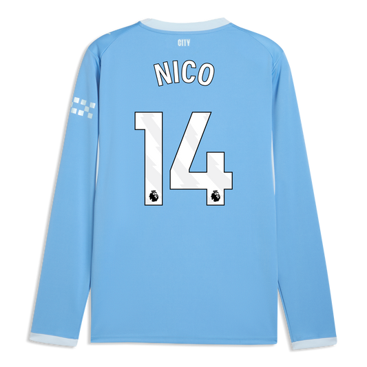 Manchester City Home Jersey 2026/27 Long Sleeve With NICO 14 Printing - Team Light Blue-Icy Blue