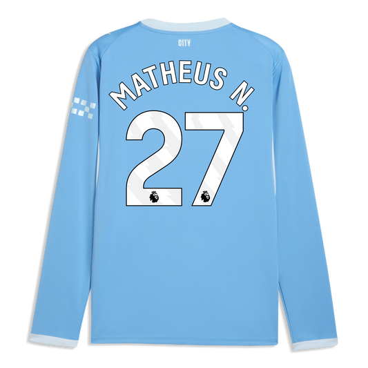 Manchester City Home Jersey 2026/27 Long Sleeve With MATHEUS N. 27 Printing - Team Light Blue-Icy Blue