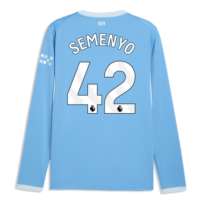 Manchester City Home Jersey 2026/27 Long Sleeve With SEMENYO 42 Printing - Team Light Blue-Icy Blue