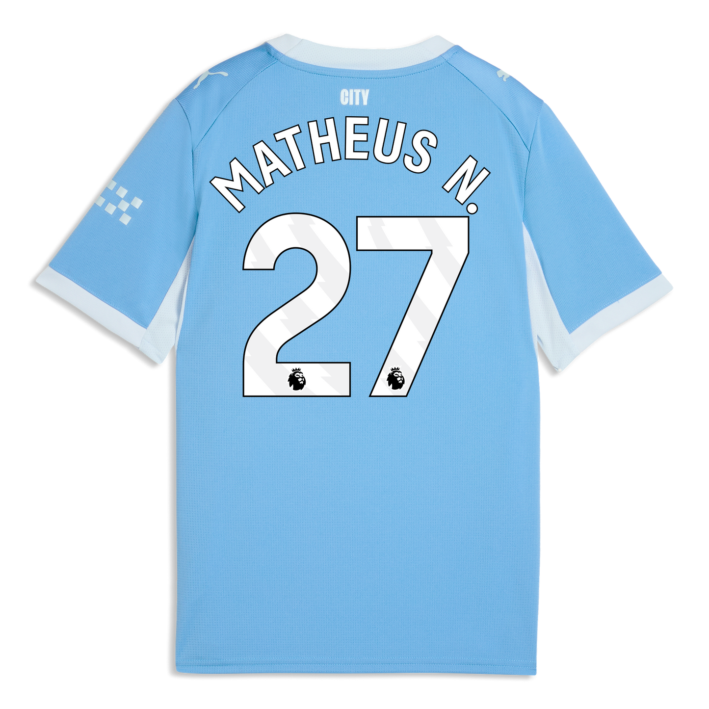 Kids' Manchester City Home Jersey 2026/27 With MATHEUS N. 27 Printing - Team Light Blue-Icy Blue