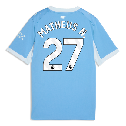 Kids' Manchester City Home Jersey 2026/27 With MATHEUS N. 27 Printing - Team Light Blue-Icy Blue