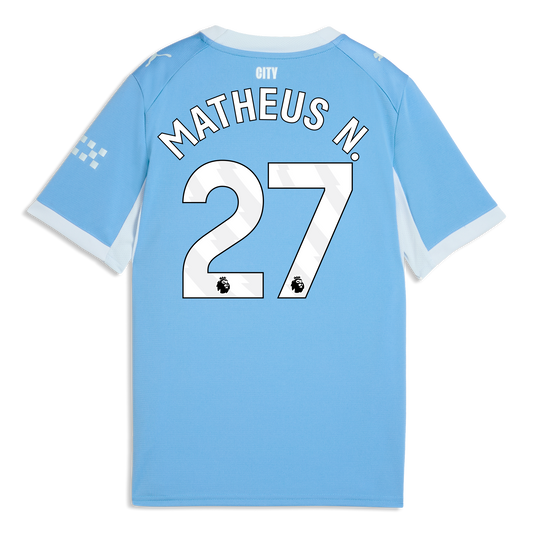 Kids' Manchester City Home Jersey 2026/27 With MATHEUS N. 27 Printing - Team Light Blue-Icy Blue