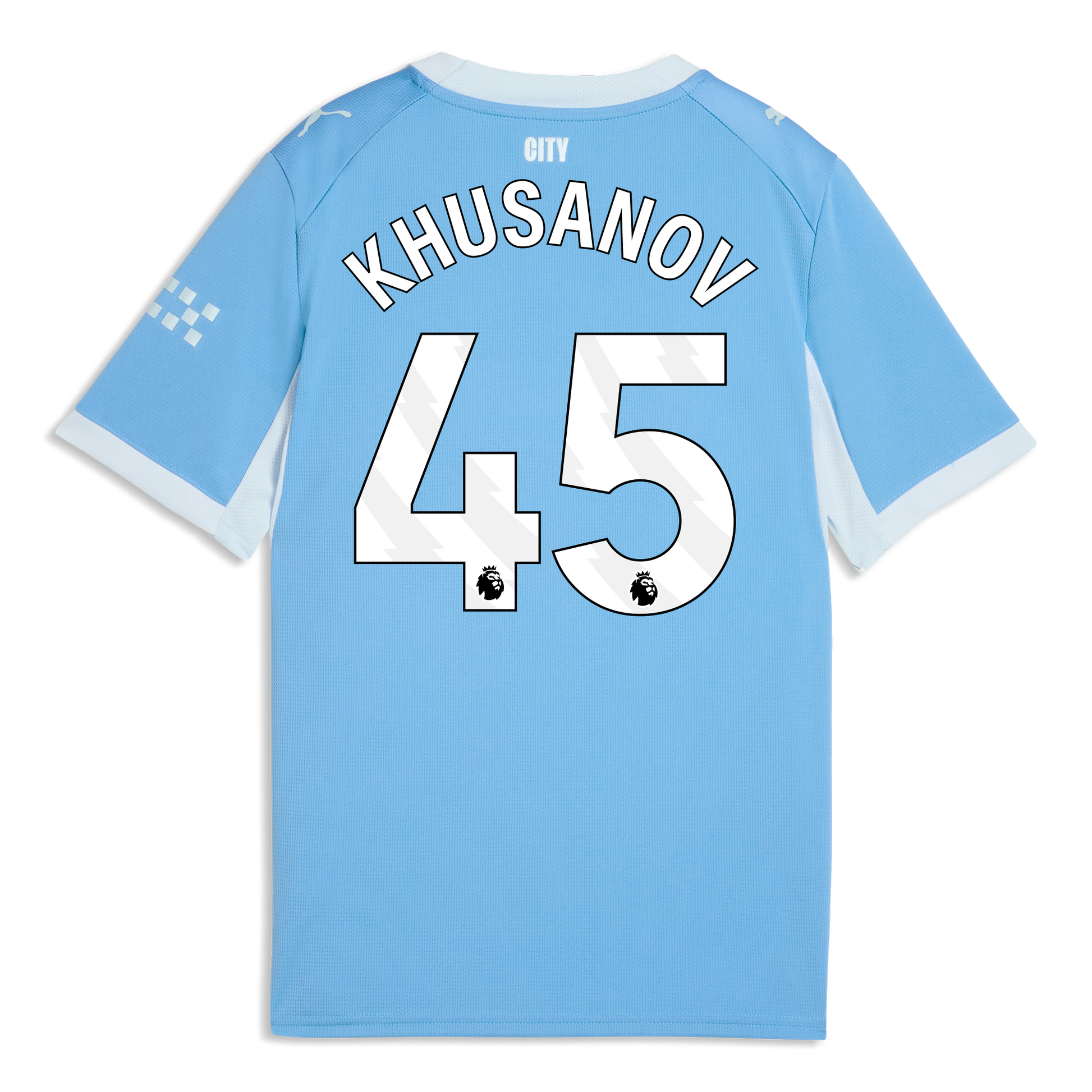 Kids' Manchester City Home Jersey 2026/27 With KHUSANOV 45 Printing - Team Light Blue-Icy Blue