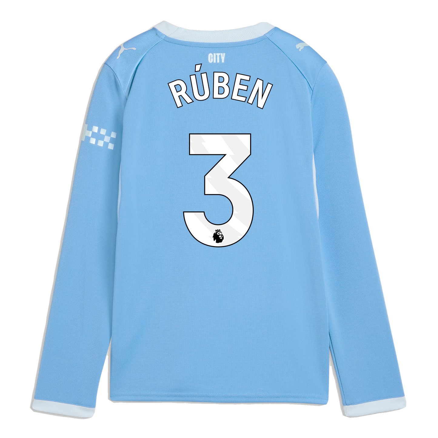 Kids' Manchester City Home Jersey 2026/27 Long Sleeve With RÚBEN 3 Printing - Team Light Blue-Icy Blue