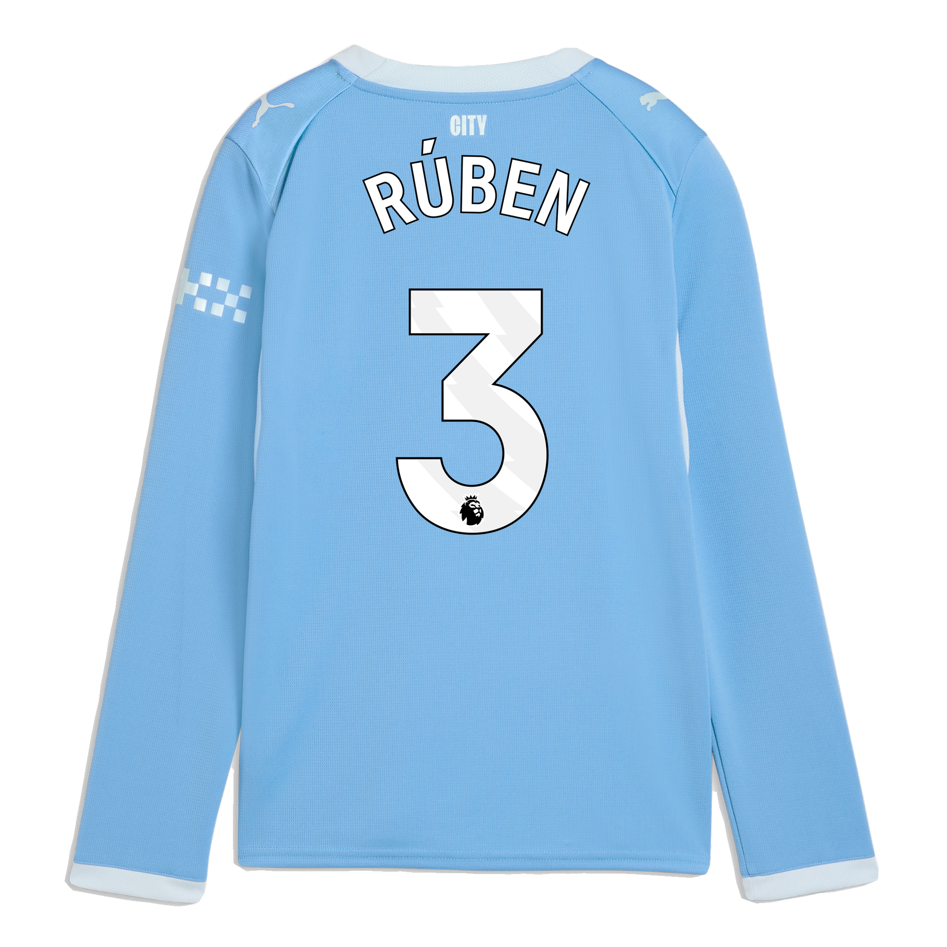 Kids' Manchester City Home Jersey 2026/27 Long Sleeve With RÚBEN 3 Printing - Team Light Blue-Icy Blue