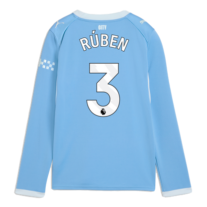 Kids' Manchester City Home Jersey 2026/27 Long Sleeve With RÚBEN 3 Printing - Team Light Blue-Icy Blue