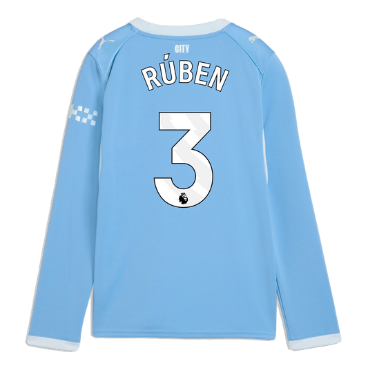 Kids' Manchester City Home Jersey 2026/27 Long Sleeve With RÚBEN 3 Printing - Team Light Blue-Icy Blue