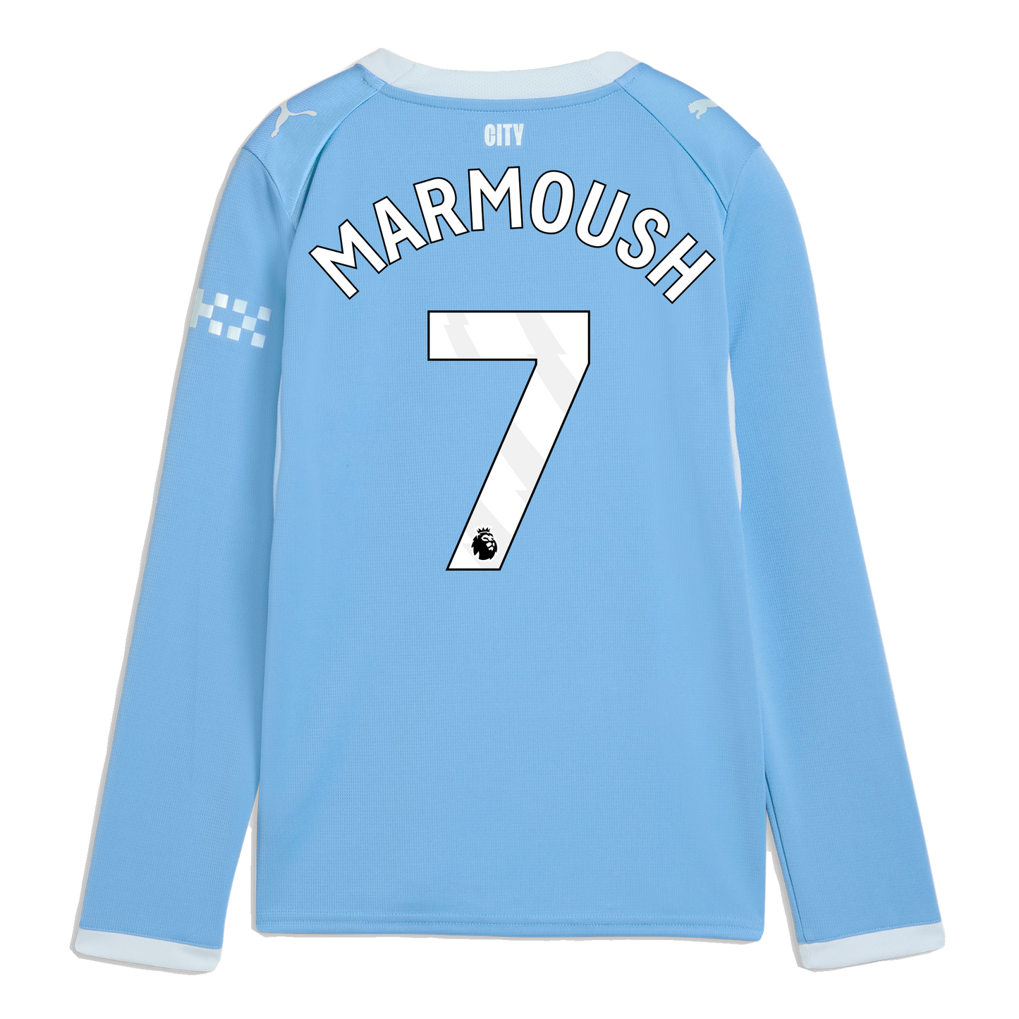 Kids' Manchester City Home Jersey 2026/27 Long Sleeve With MARMOUSH 7 Printing - Team Light Blue-Icy Blue