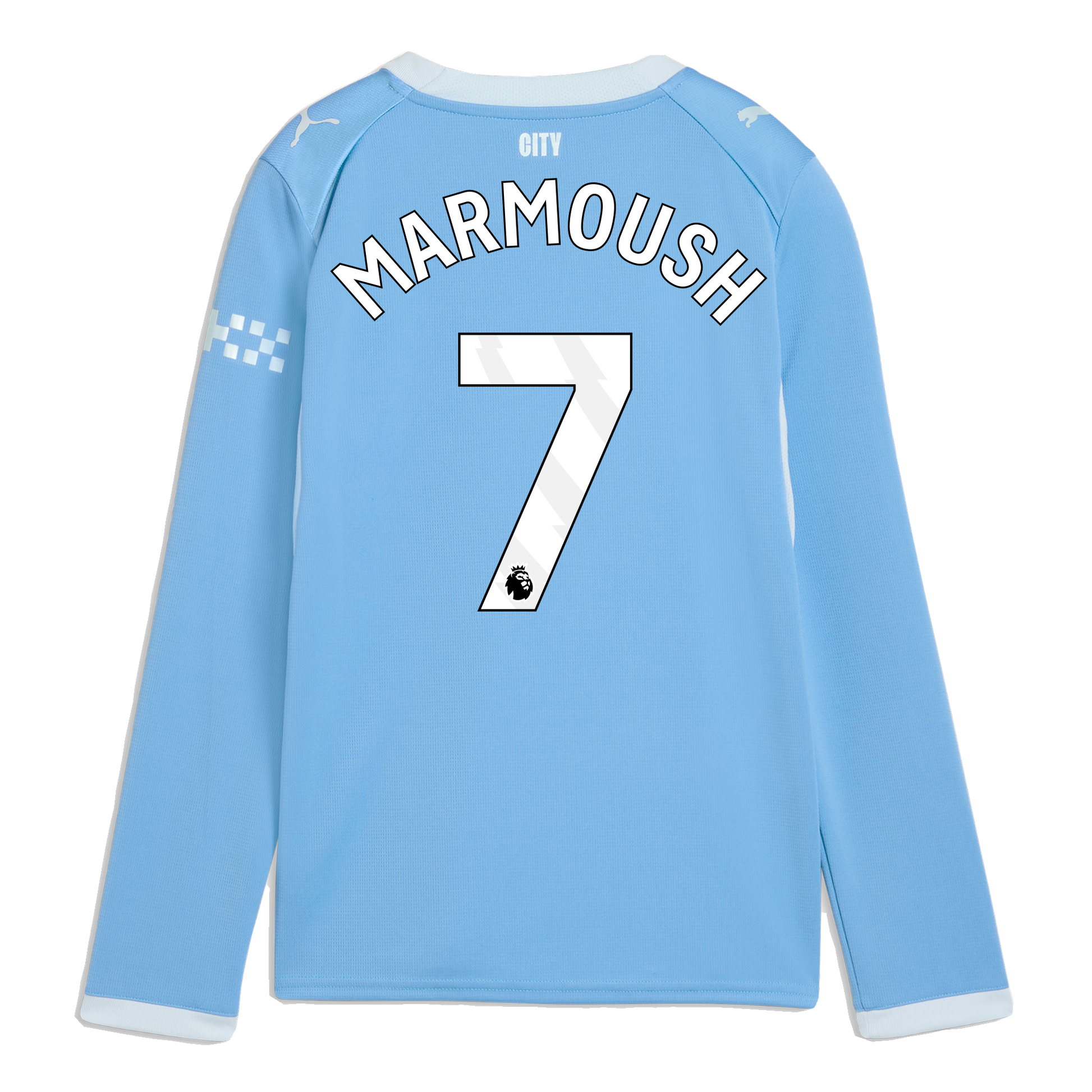 Kids' Manchester City Home Jersey 2026/27 Long Sleeve With MARMOUSH 7 Printing - Team Light Blue-Icy Blue