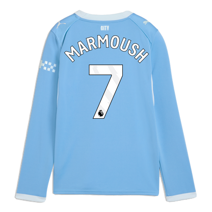 Kids' Manchester City Home Jersey 2026/27 Long Sleeve With MARMOUSH 7 Printing - Team Light Blue-Icy Blue