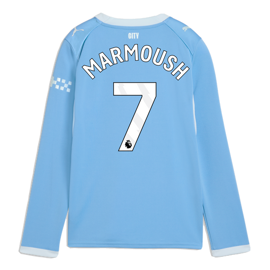 Kids' Manchester City Home Jersey 2026/27 Long Sleeve With MARMOUSH 7 Printing - Team Light Blue-Icy Blue