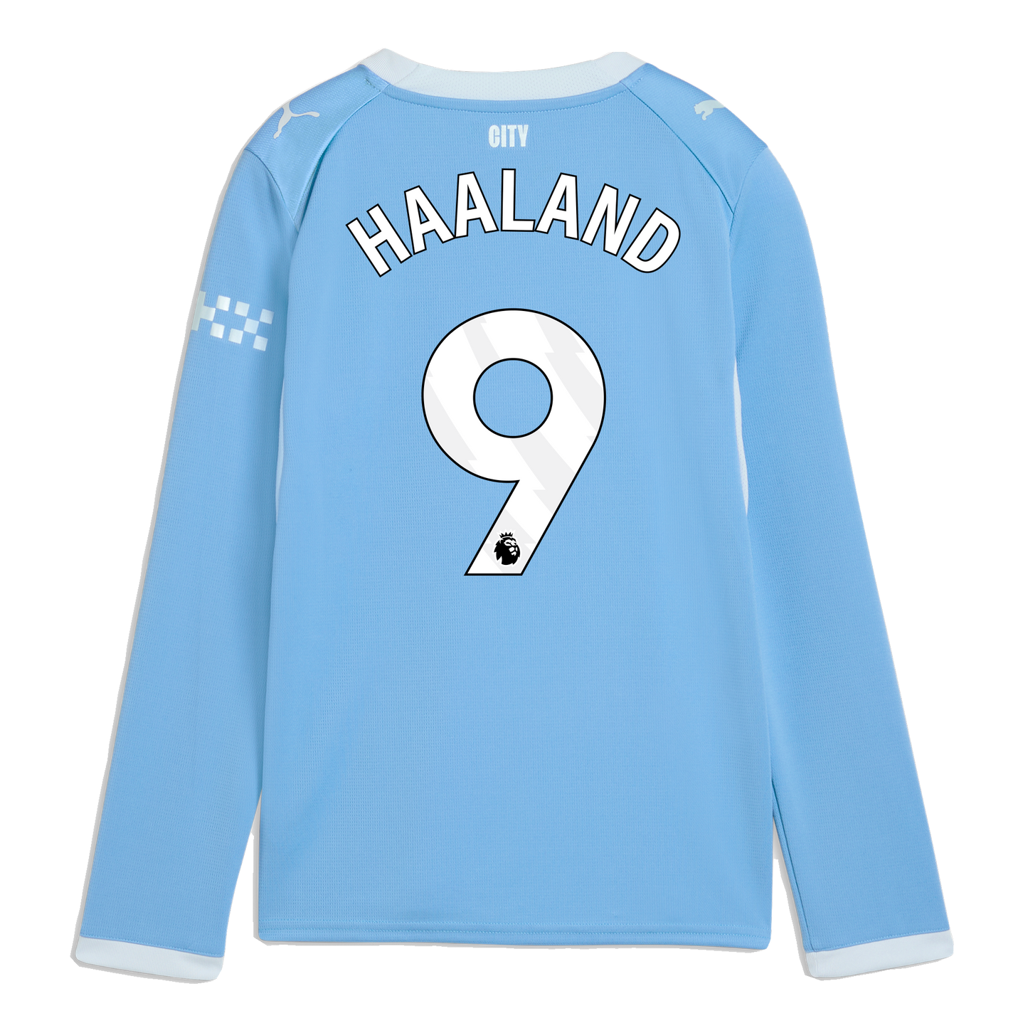 Kids' Manchester City Home Jersey 2026/27 Long Sleeve With HAALAND 9 Printing - Team Light Blue-Icy Blue