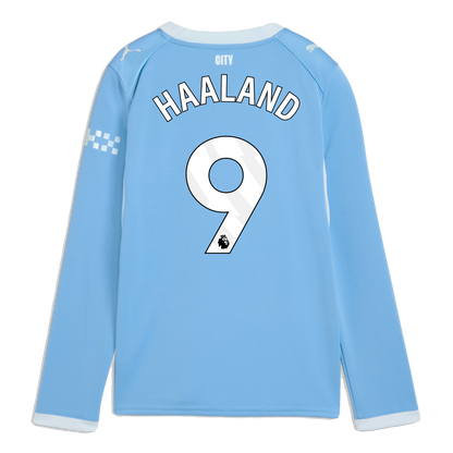 Kids' Manchester City Home Jersey 2026/27 Long Sleeve With HAALAND 9 Printing - Team Light Blue-Icy Blue