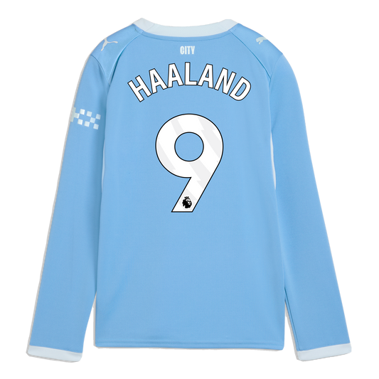 Kids' Manchester City Home Jersey 2026/27 Long Sleeve With HAALAND 9 Printing - Team Light Blue-Icy Blue