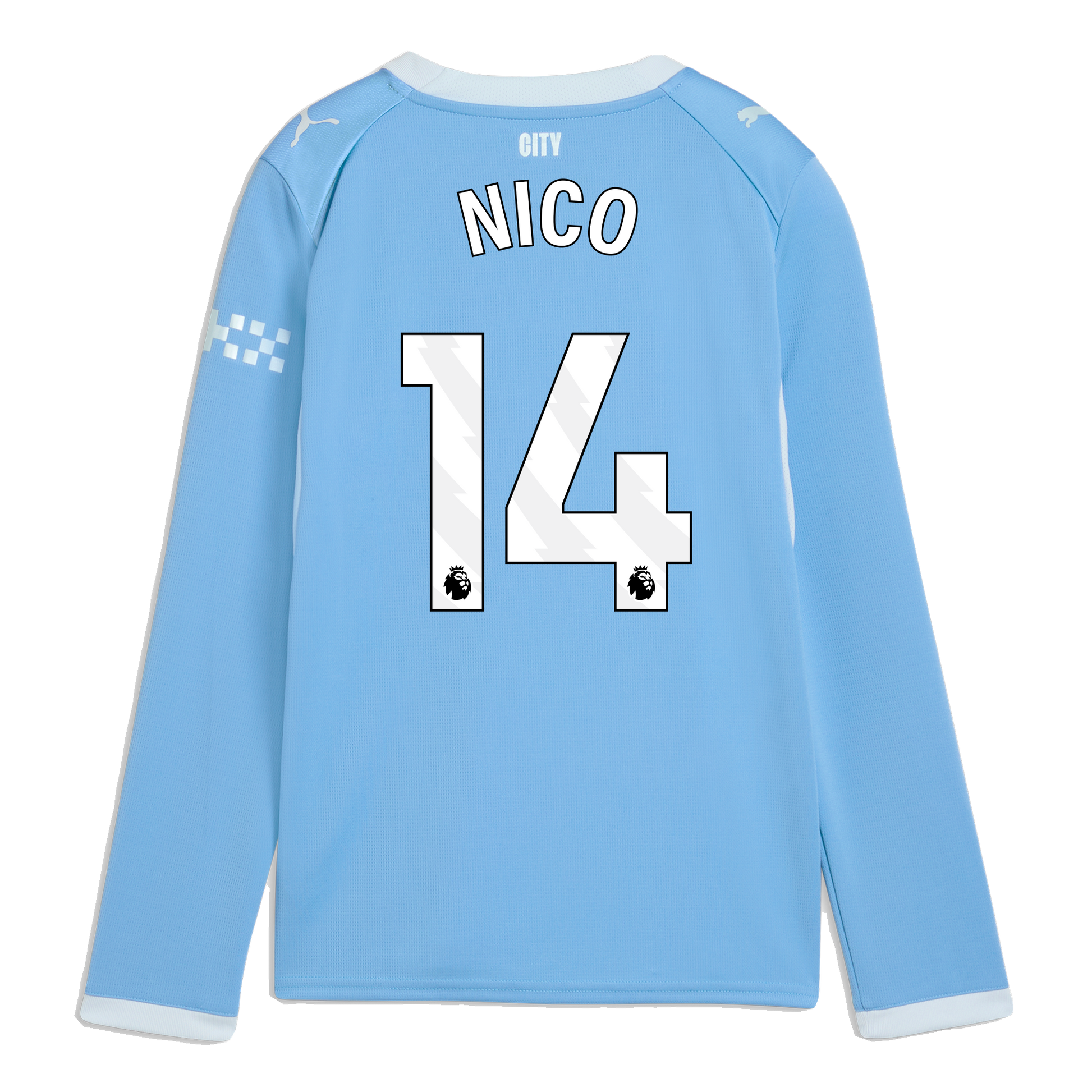 Kids' Manchester City Home Jersey 2026/27 Long Sleeve With NICO 14 Printing - Team Light Blue-Icy Blue