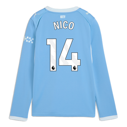 Kids' Manchester City Home Jersey 2026/27 Long Sleeve With NICO 14 Printing - Team Light Blue-Icy Blue