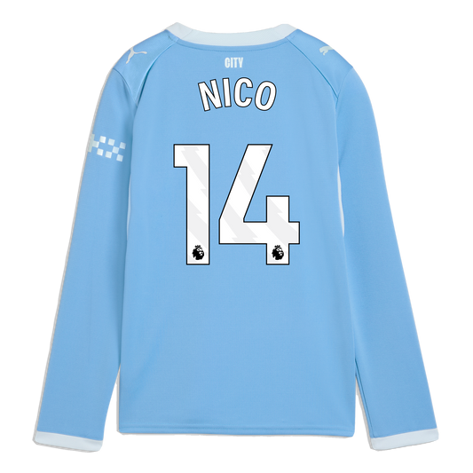 Kids' Manchester City Home Jersey 2026/27 Long Sleeve With NICO 14 Printing - Team Light Blue-Icy Blue