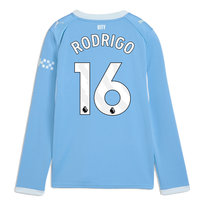 Kids' Manchester City Home Jersey 2026/27 Long Sleeve With RODRIGO 16 Printing - Team Light Blue-Icy Blue