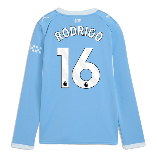 Kids' Manchester City Home Jersey 2026/27 Long Sleeve With RODRIGO 16 Printing - Team Light Blue-Icy Blue