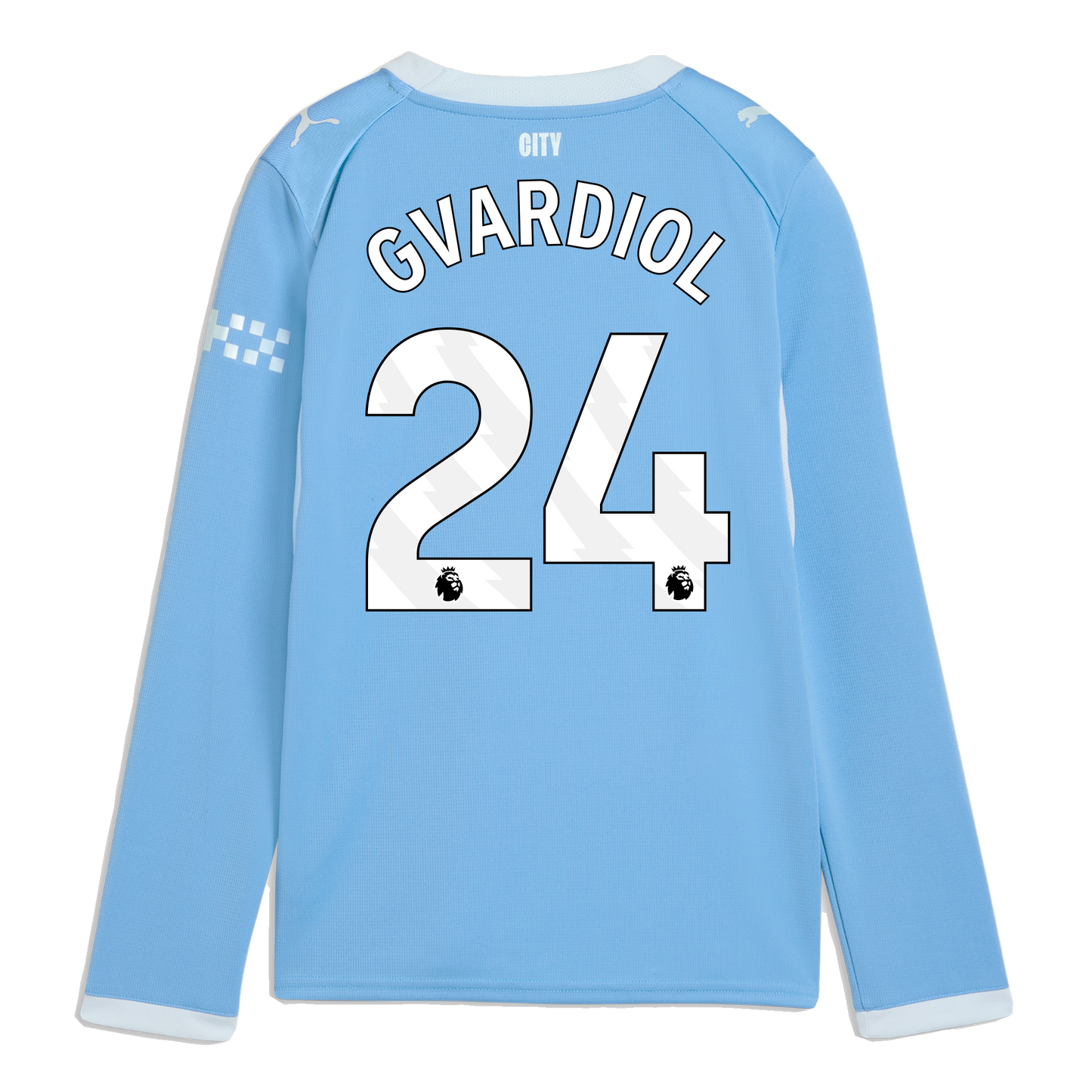 Kids' Manchester City Home Jersey 2026/27 Long Sleeve With GVARDIOL 24 Printing - Team Light Blue-Icy Blue