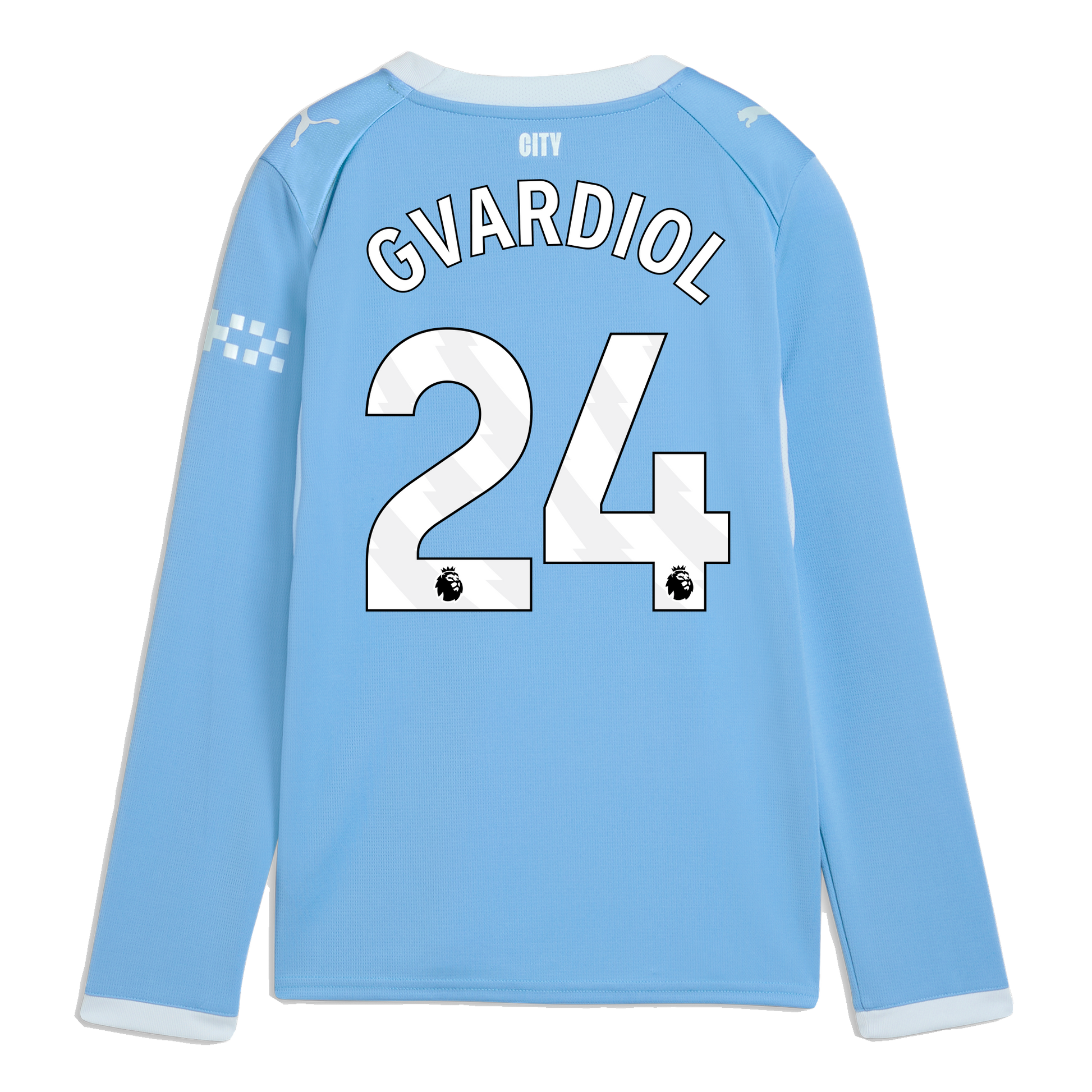 Kids' Manchester City Home Jersey 2026/27 Long Sleeve With GVARDIOL 24 Printing - Team Light Blue-Icy Blue