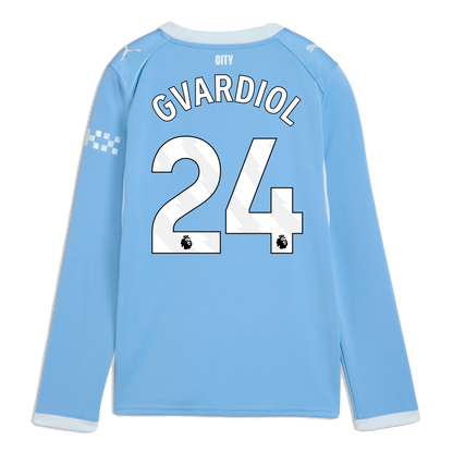 Kids' Manchester City Home Jersey 2026/27 Long Sleeve With GVARDIOL 24 Printing - Team Light Blue-Icy Blue