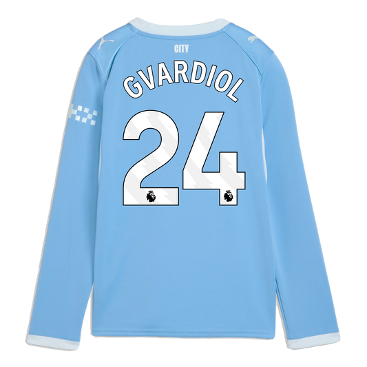 Kids' Manchester City Home Jersey 2026/27 Long Sleeve With GVARDIOL 24 Printing - Team Light Blue-Icy Blue