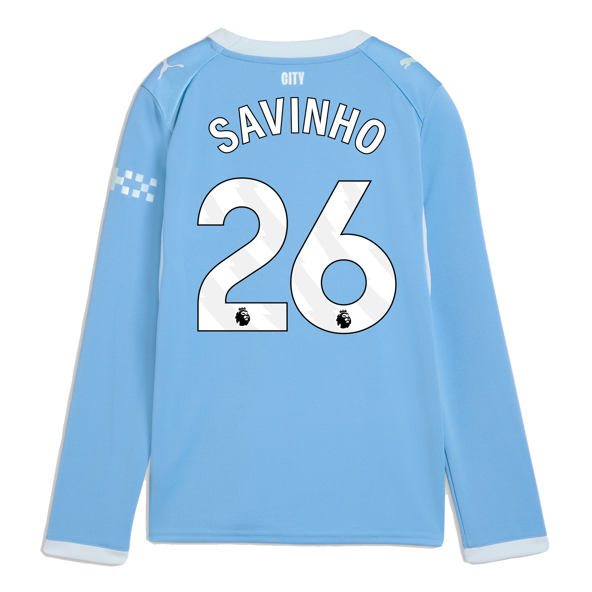 Kids' Manchester City Home Jersey 2026/27 Long Sleeve With SAVINHO 26 Printing - Team Light Blue-Icy Blue